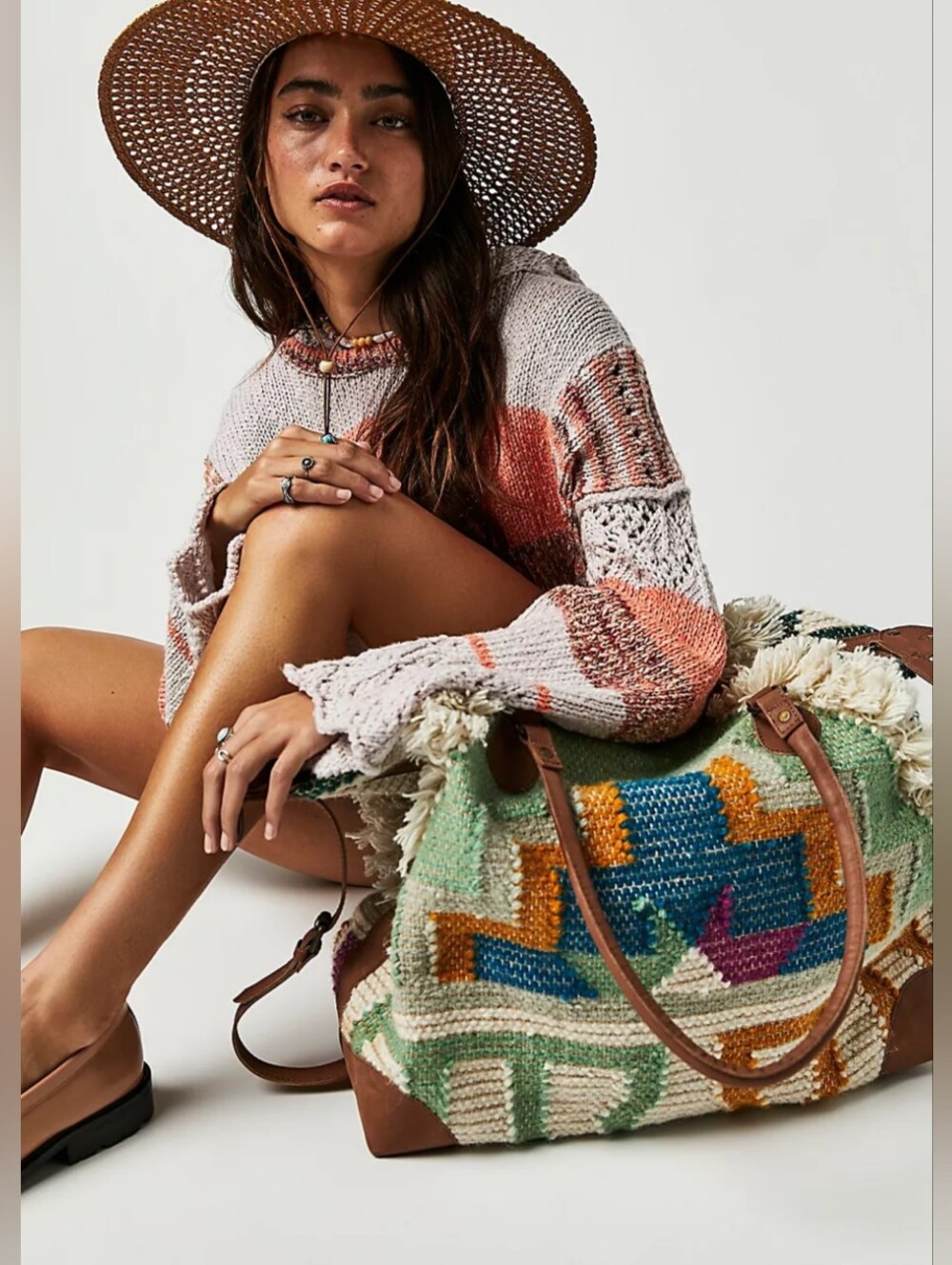 Free People Quick Trip Woven Fringe Leather Weekender Duffle Bags